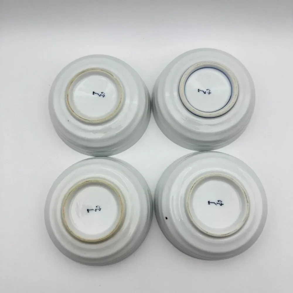 Japanese Blue White Porcelain Rice Bowls Spiral Ribbed 5.5